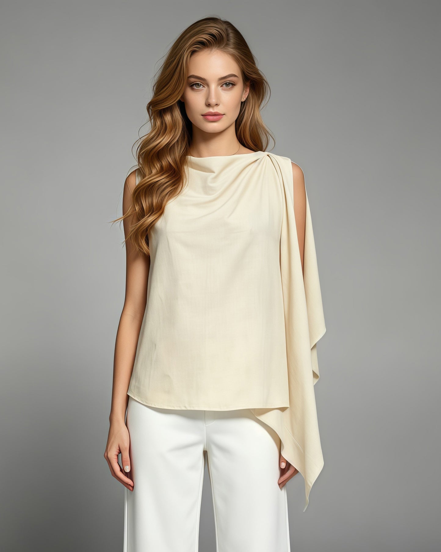 Apricot Linen Asymmetric Sleeveless Blouse