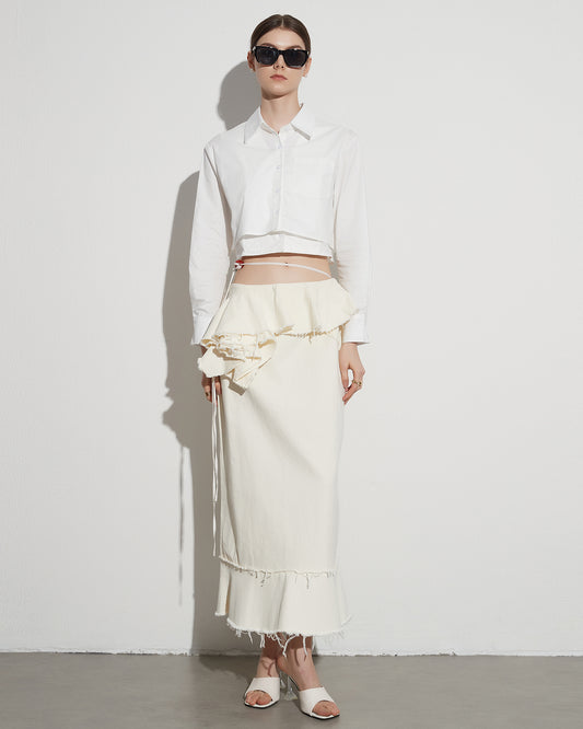 Apricot Linen Ruffled Midi Skirt