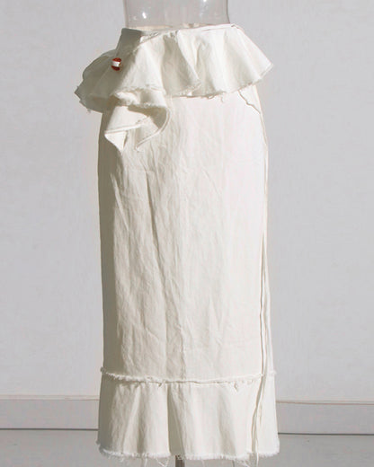 Apricot Linen Ruffled Midi Skirt