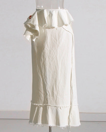 Apricot Linen Ruffled Midi Skirt