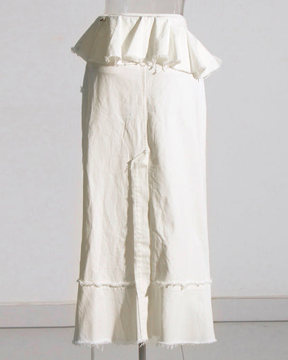 Apricot Linen Ruffled Midi Skirt