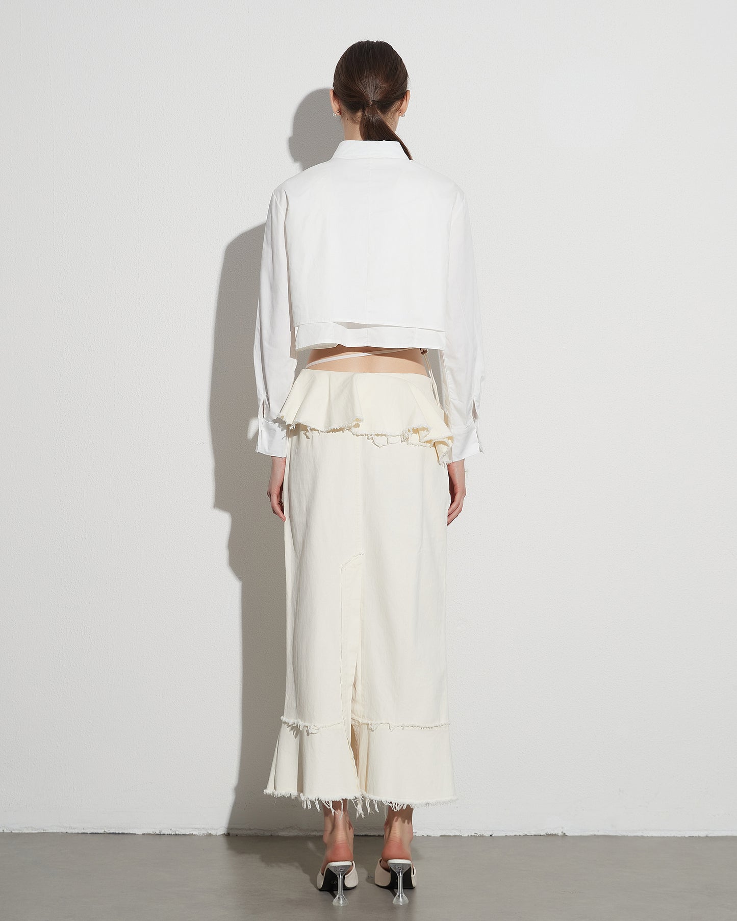 Apricot Linen Ruffled Midi Skirt