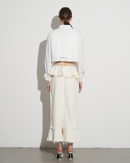 Apricot Linen Ruffled Midi Skirt