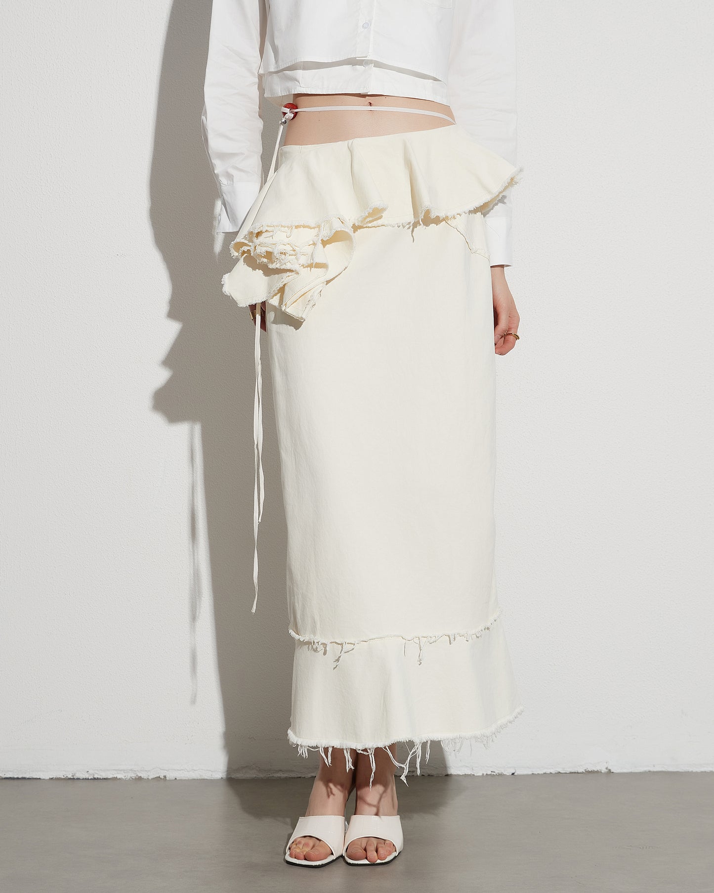 Apricot Linen Ruffled Midi Skirt