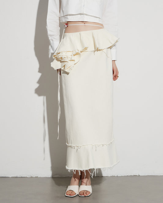 Apricot Linen Ruffled Midi Skirt