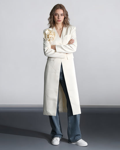 Apricot Longline Jacket with Shoulder Flower Accent