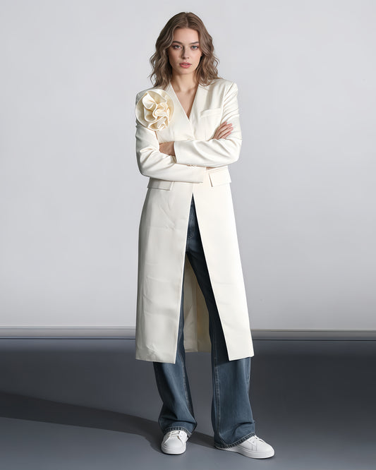 Apricot Longline Jacket with Shoulder Flower Accent