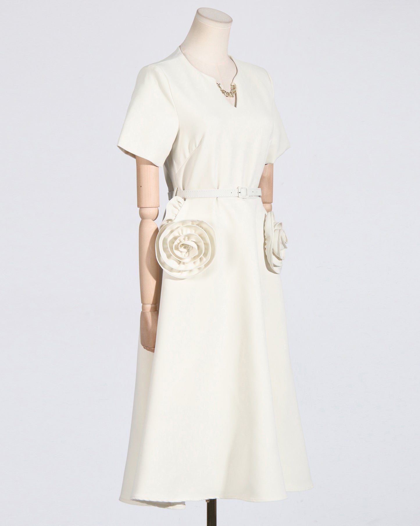 Apricot Midi Dress with 3D Roses & Chain Neckline