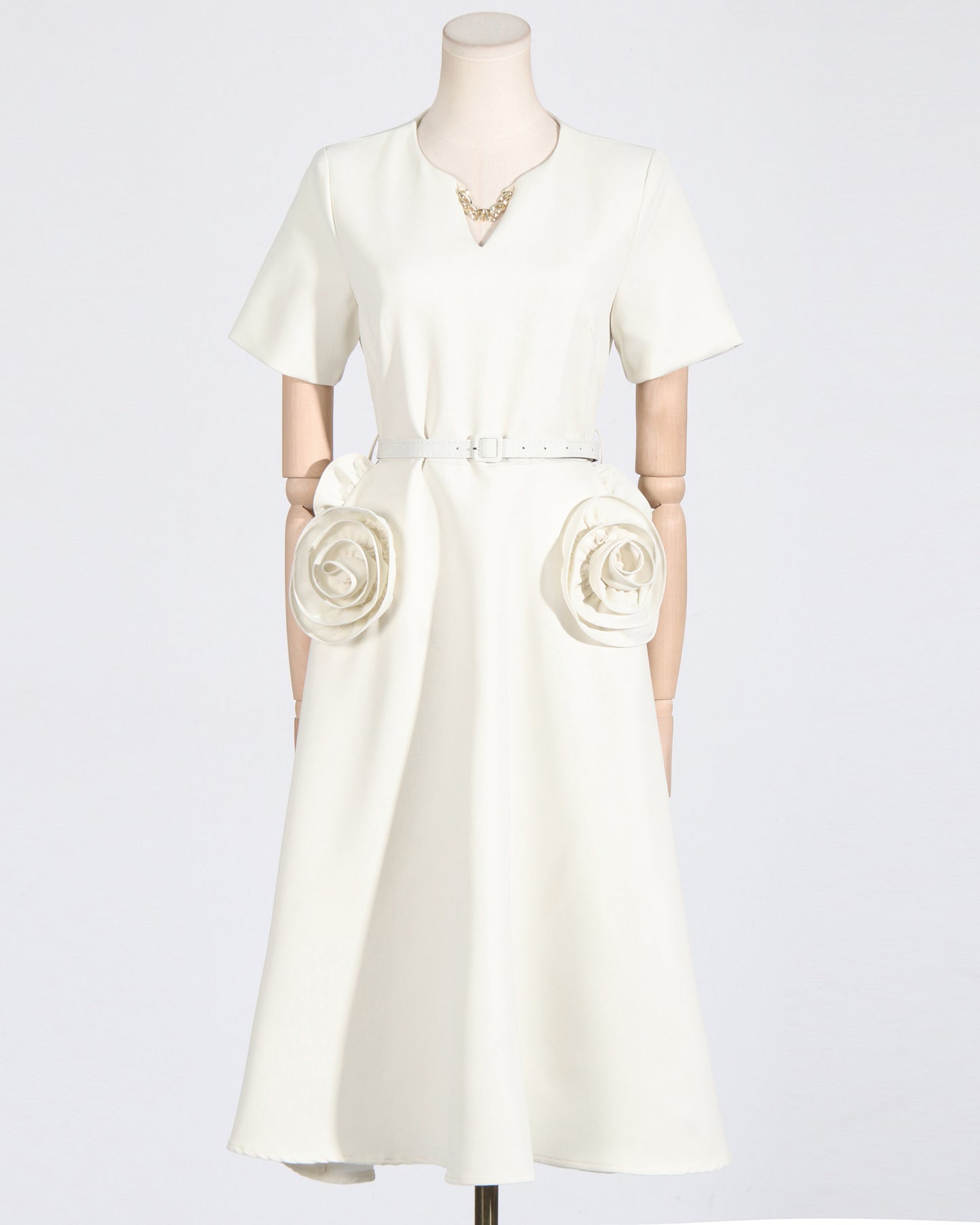 Apricot Midi Dress with 3D Roses & Chain Neckline