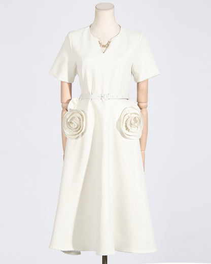 Apricot Midi Dress with 3D Roses & Chain Neckline