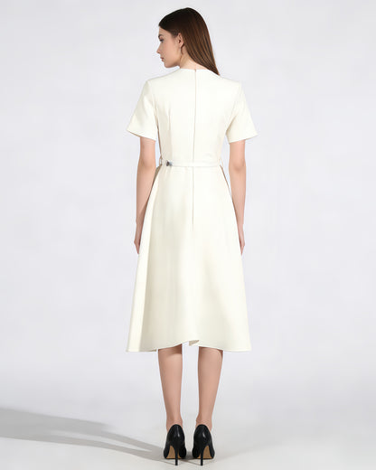 Apricot Midi Dress with 3D Roses & Chain Neckline