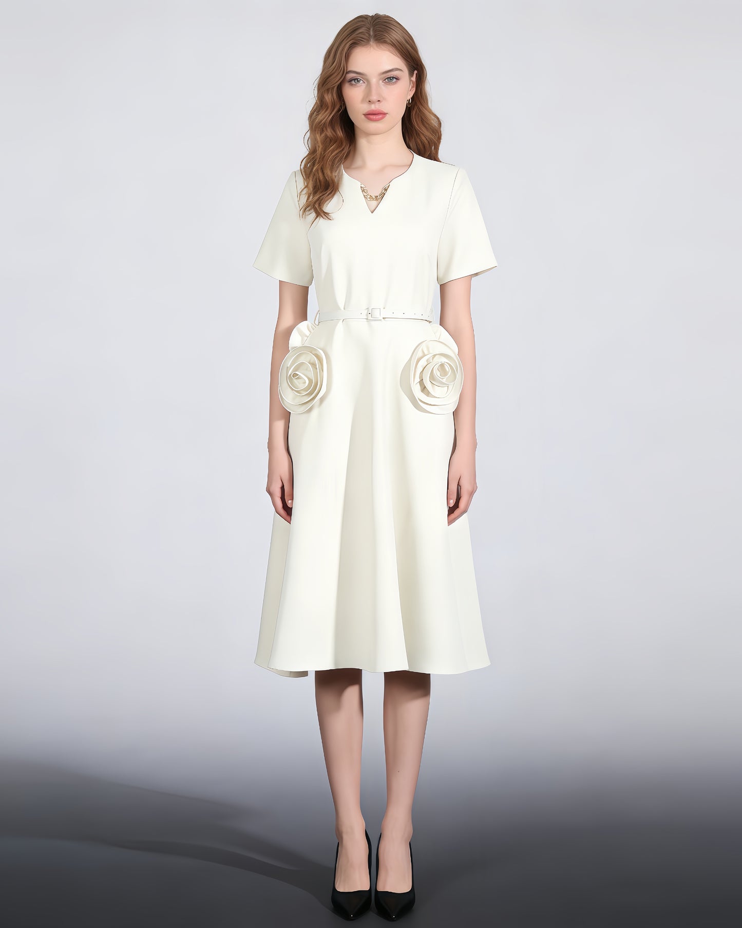 Apricot Midi Dress with 3D Roses & Chain Neckline