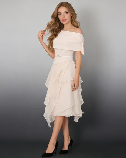 Apricot Off-Shoulder Asymmetric Two-Piece Set