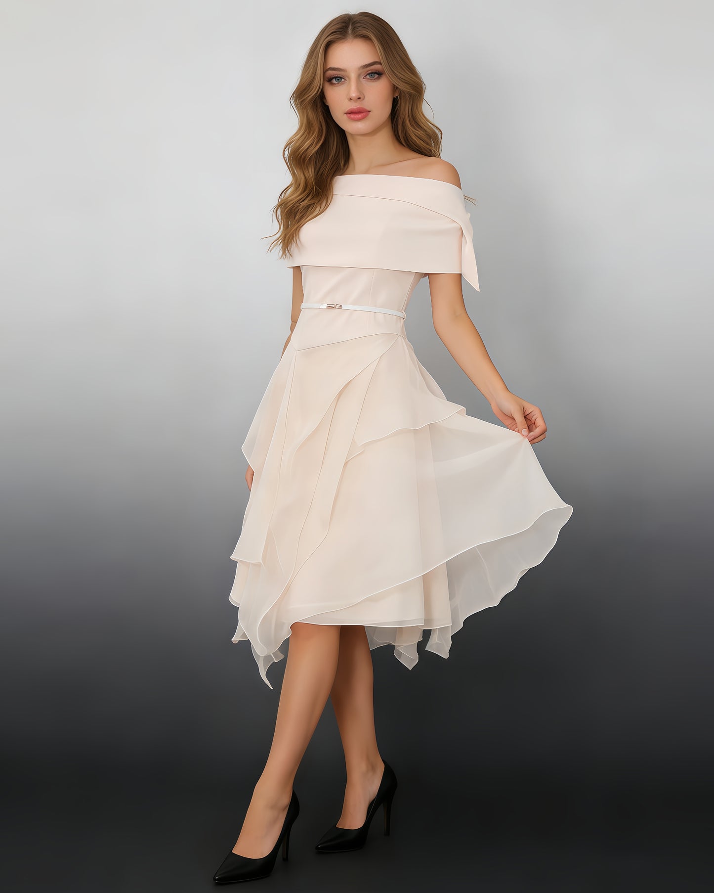 Apricot Off-Shoulder Asymmetric Two-Piece Set