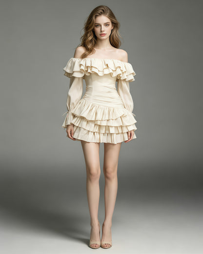 Apricot Off-the-Shoulder Ruffle Ruched  Mini Dress