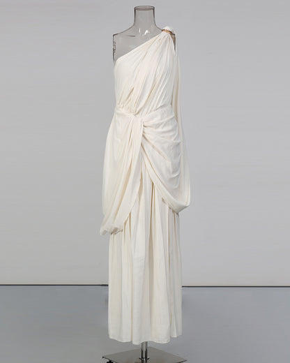 Apricot One-Shoulder Draped Maxi Dress