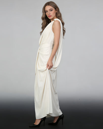 Apricot One-Shoulder Draped Maxi Dress