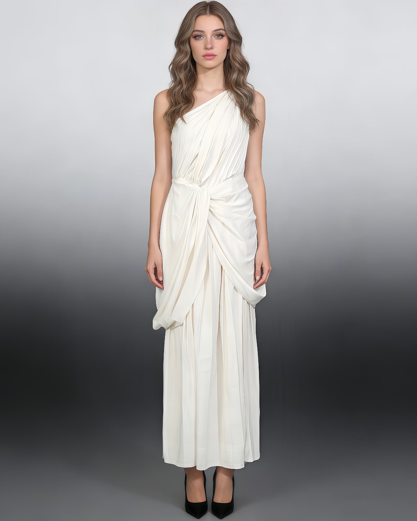 Apricot One-Shoulder Draped Maxi Dress