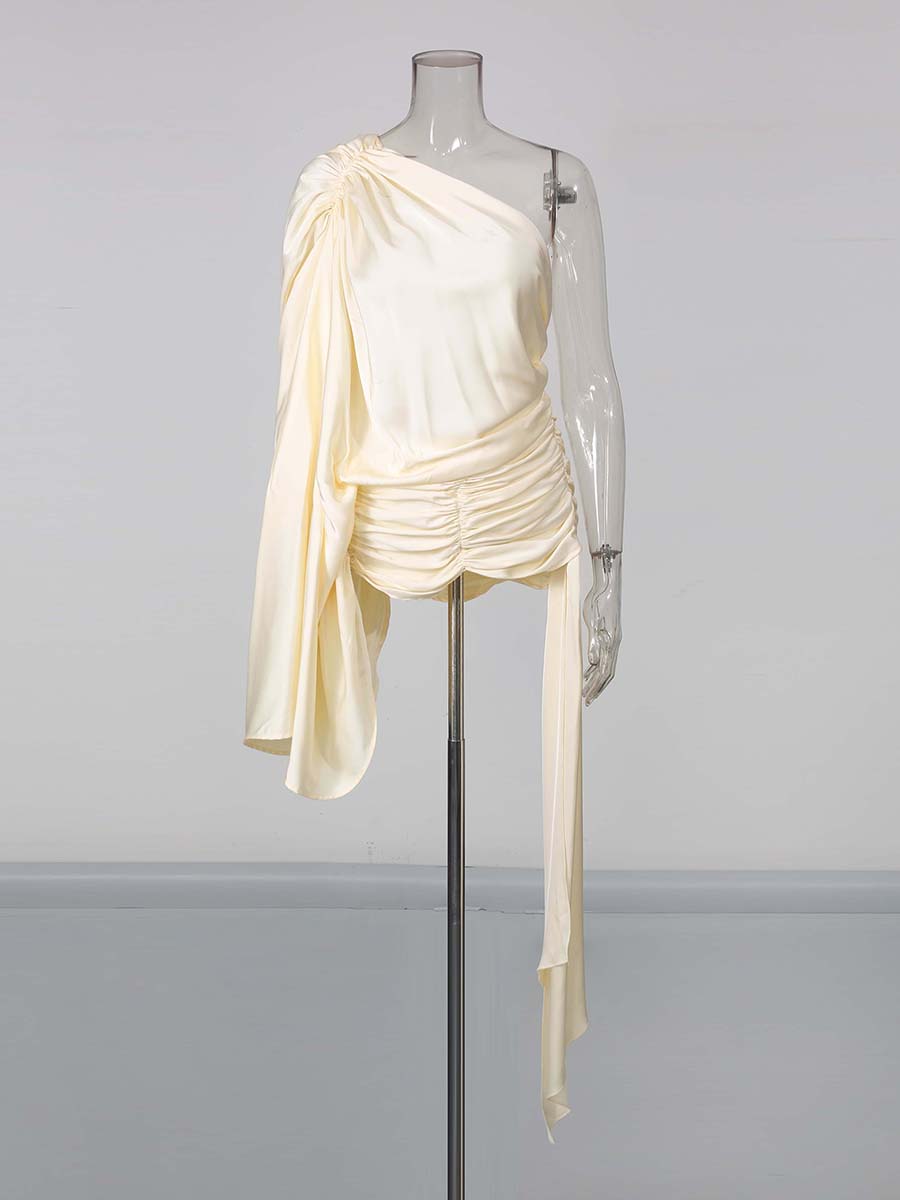 Apricot One-Shoulder Draped Sleeve Ruched Top