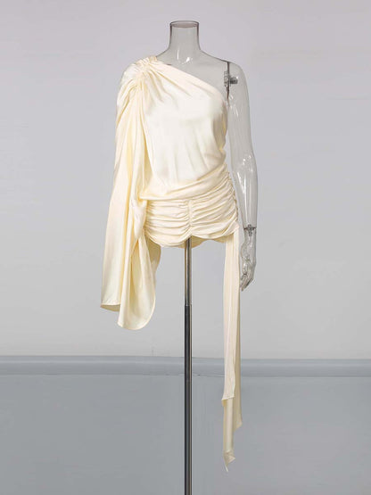 Apricot One-Shoulder Draped Sleeve Ruched Top