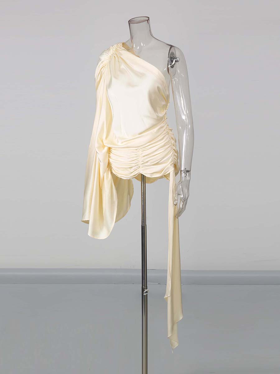 Apricot One-Shoulder Draped Sleeve Ruched Top