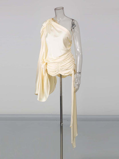 Apricot One-Shoulder Draped Sleeve Ruched Top