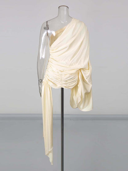 Apricot One-Shoulder Draped Sleeve Ruched Top