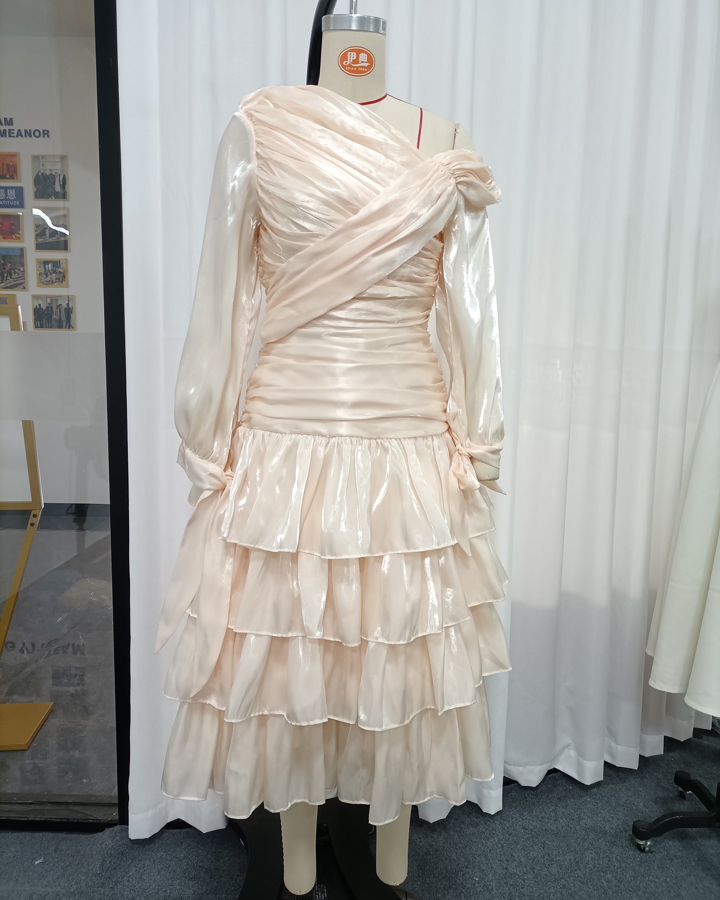 Apricot One-Shoulder Ruched Ruffle Midi Dress