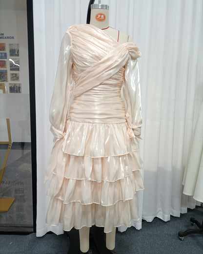 Apricot One-Shoulder Ruched Ruffle Midi Dress