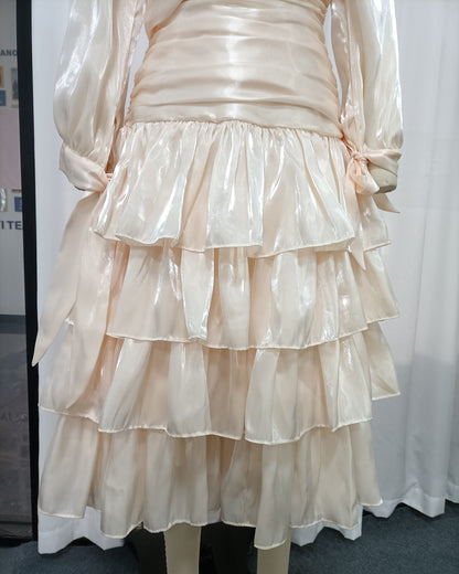Apricot One-Shoulder Ruched Ruffle Midi Dress