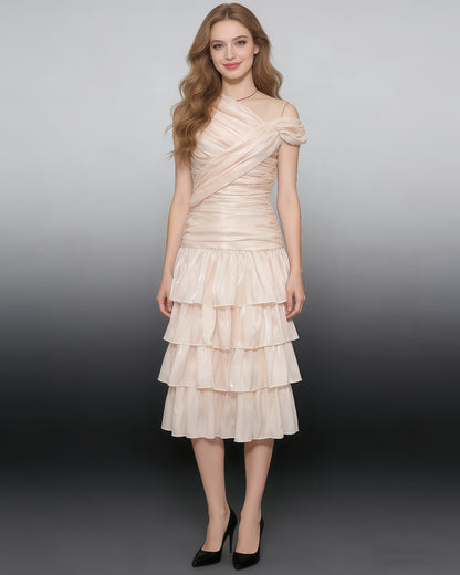 Apricot One-Shoulder Ruched Ruffle Midi Dress