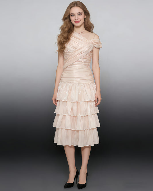 Apricot One-Shoulder Ruched Ruffle Midi Dress