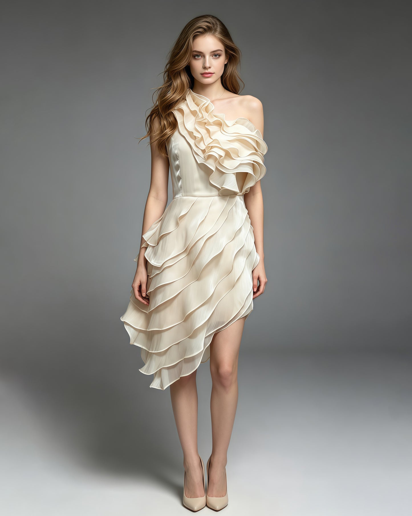 Apricot One-Shoulder Ruffle Asymmetrical Dress
