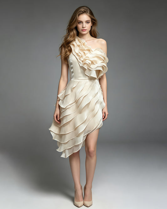 Apricot One-Shoulder Ruffle Asymmetrical Dress