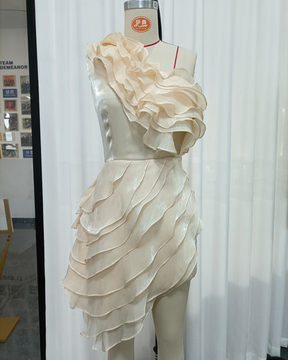 Apricot One-Shoulder Ruffle Asymmetrical Dress