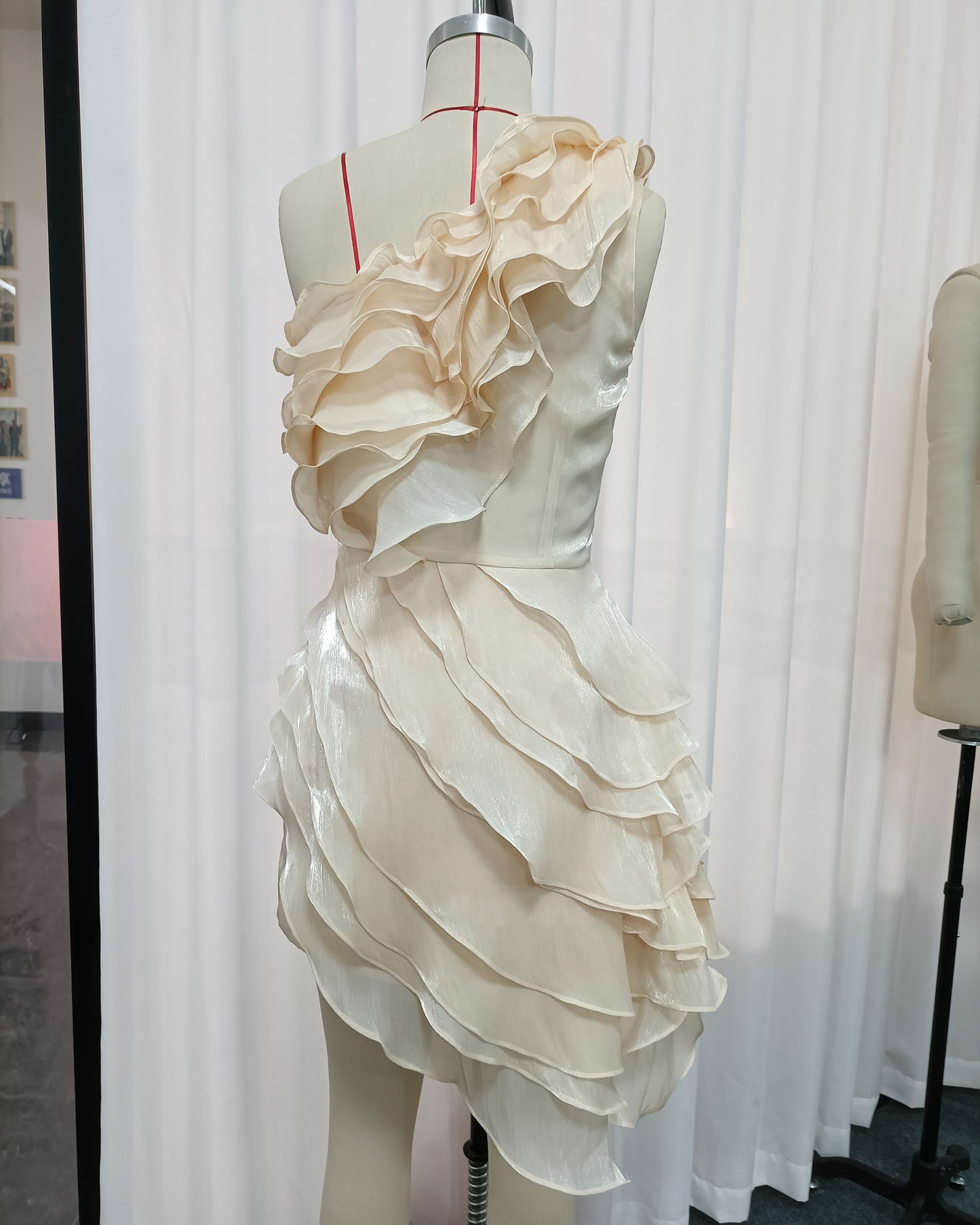 Apricot One-Shoulder Ruffle Asymmetrical Dress