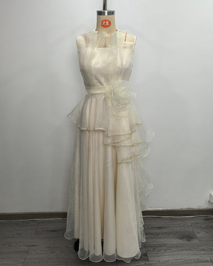 Apricot Organza Ruffle Maxi Dress