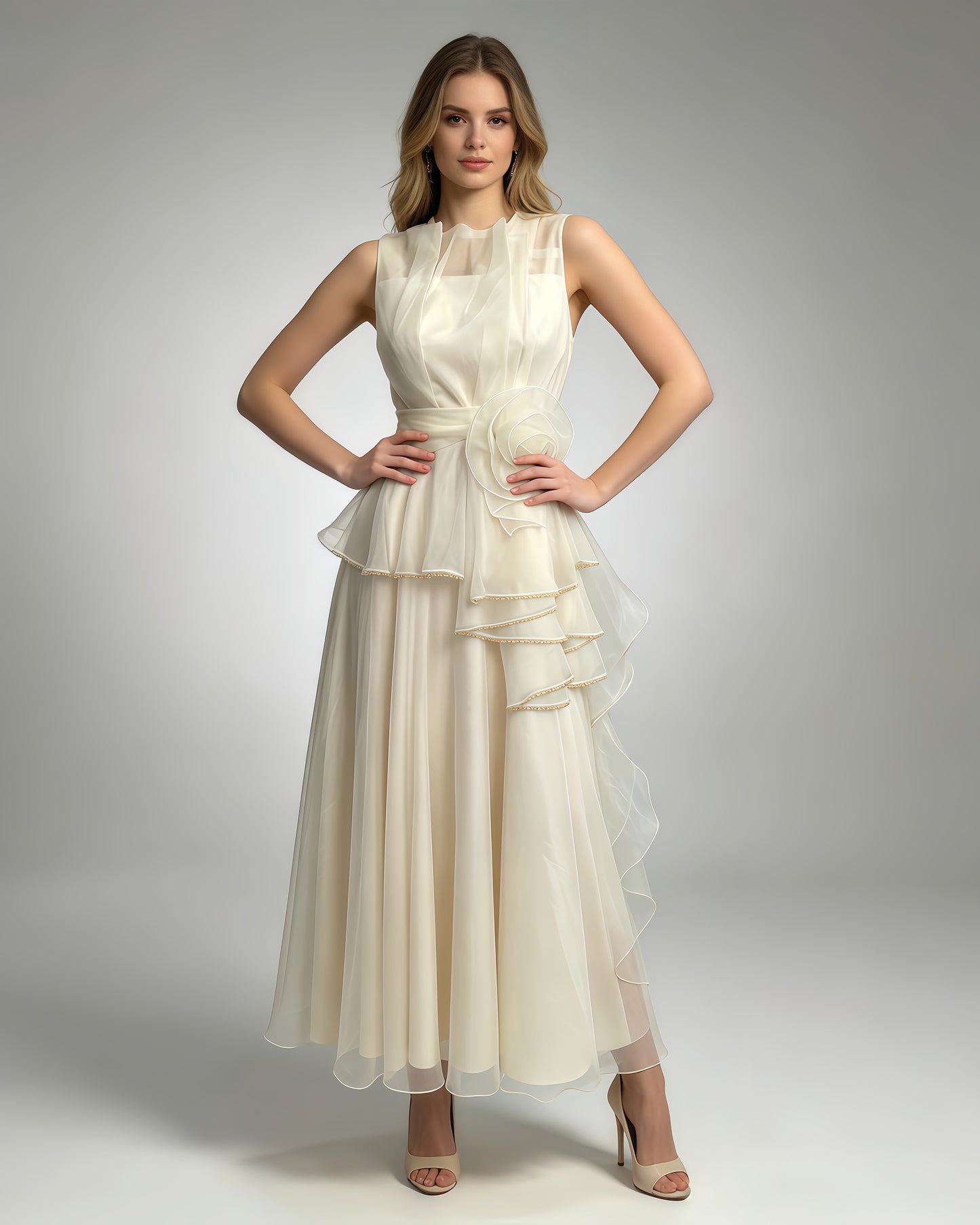 Apricot Organza Ruffle Maxi Dress