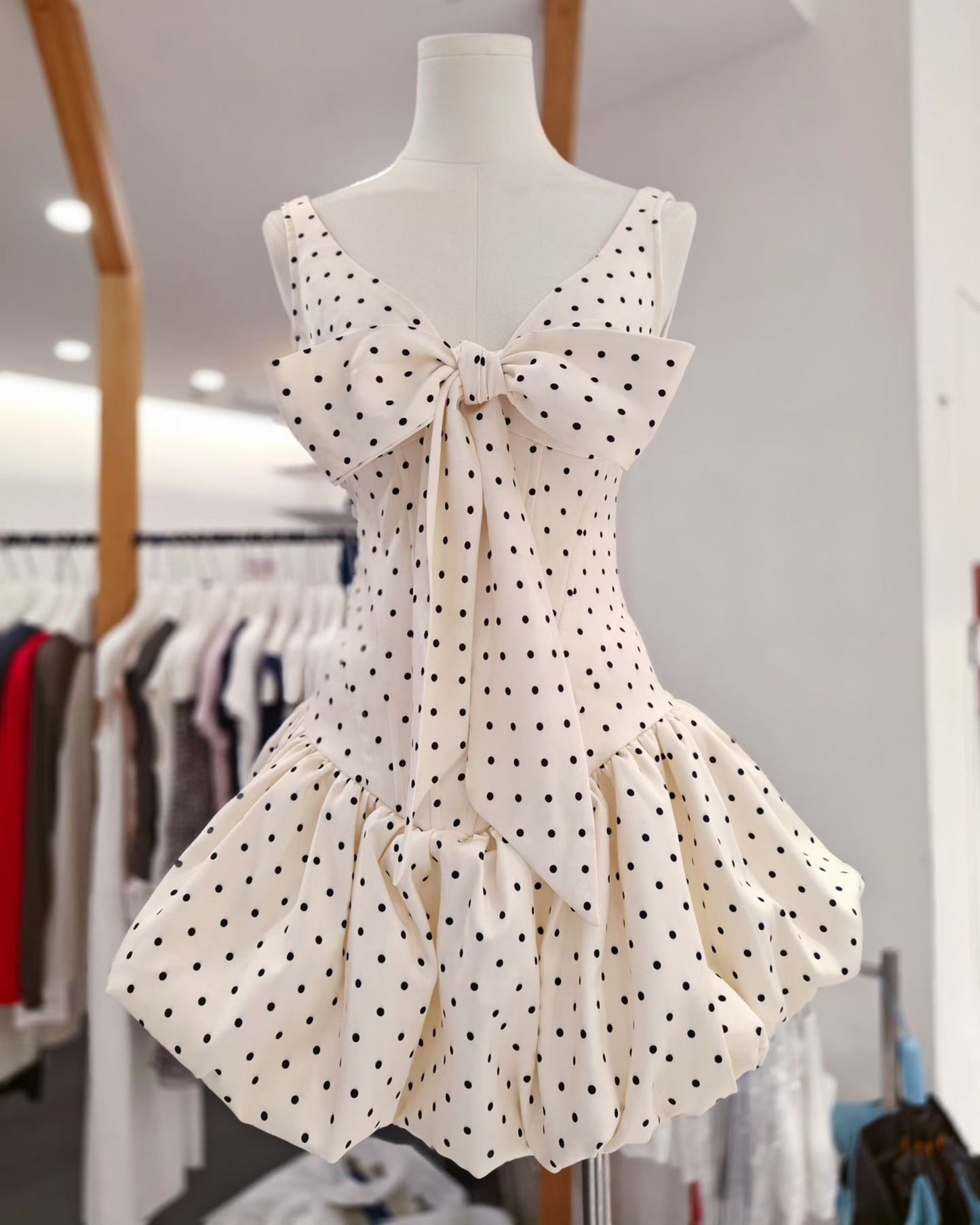 Apricot Polka Dot Bow Corset Mini Dress