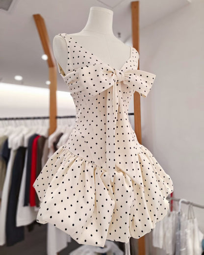 Apricot Polka Dot Bow Corset Mini Dress