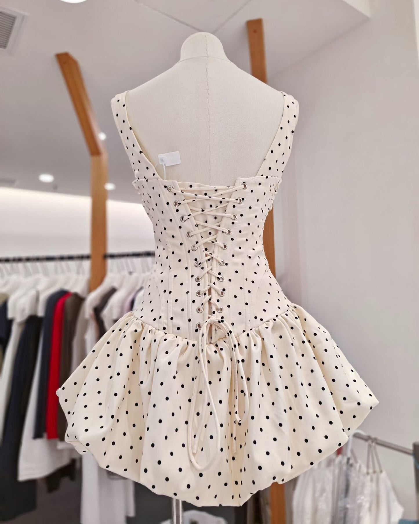 Apricot Polka Dot Bow Corset Mini Dress