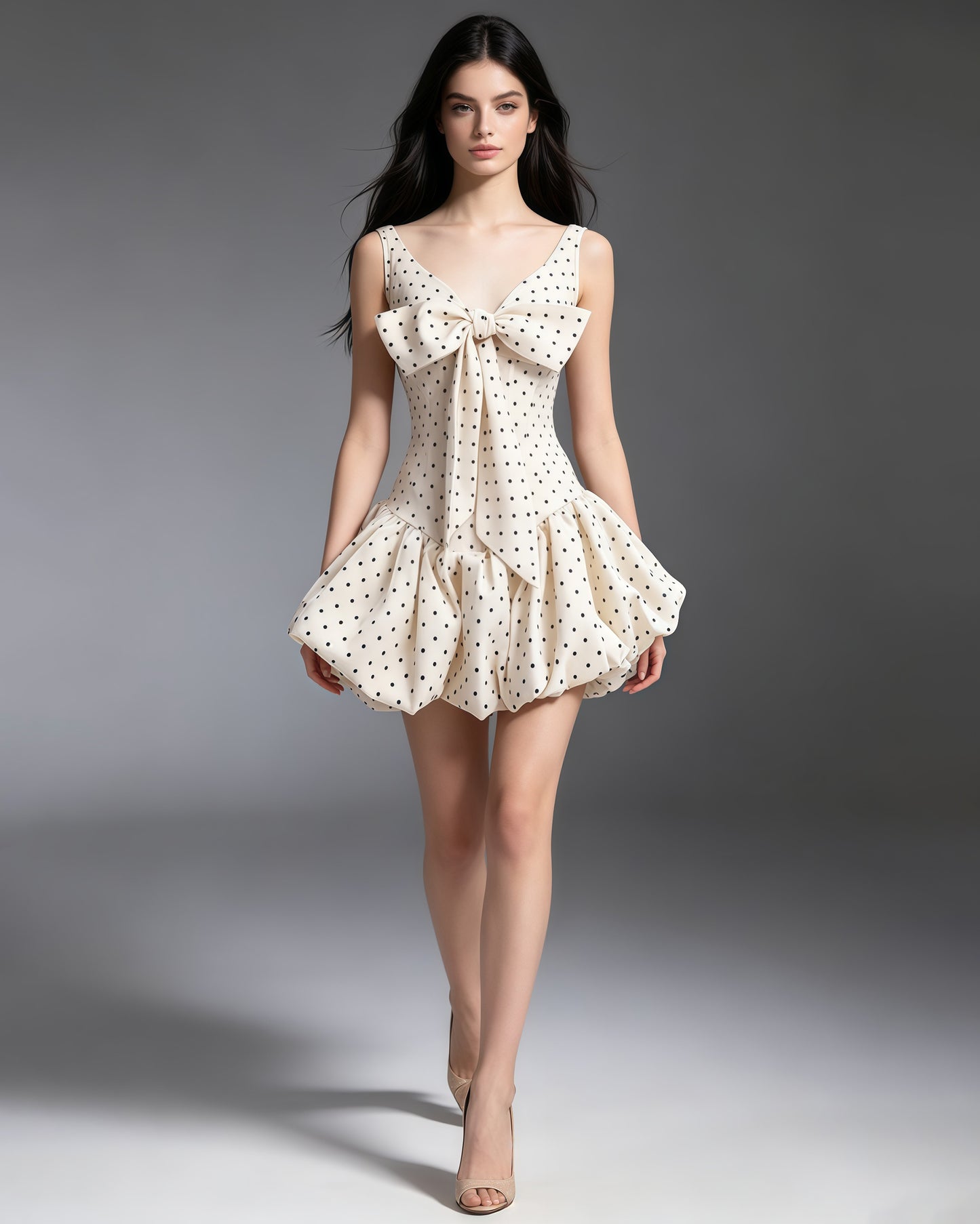 Apricot Polka Dot Bow Corset Mini Dress