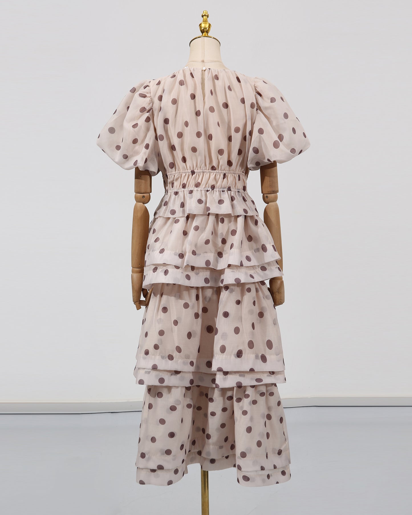 Apricot Polka Dot Puff Sleeve Tiered Dress Set