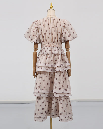 Apricot Polka Dot Puff Sleeve Tiered Dress Set