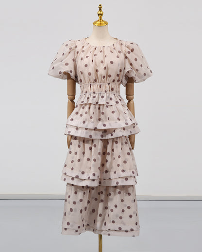 Apricot Polka Dot Puff Sleeve Tiered Dress Set