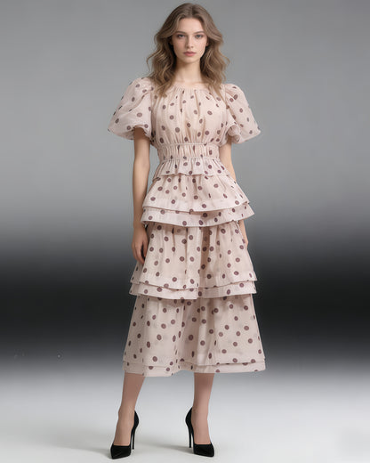 Apricot Polka Dot Puff Sleeve Tiered Dress Set