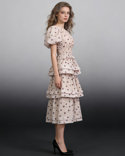 Apricot Polka Dot Puff Sleeve Tiered Dress Set