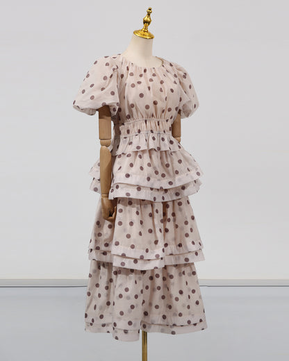 Apricot Polka Dot Puff Sleeve Tiered Dress Set