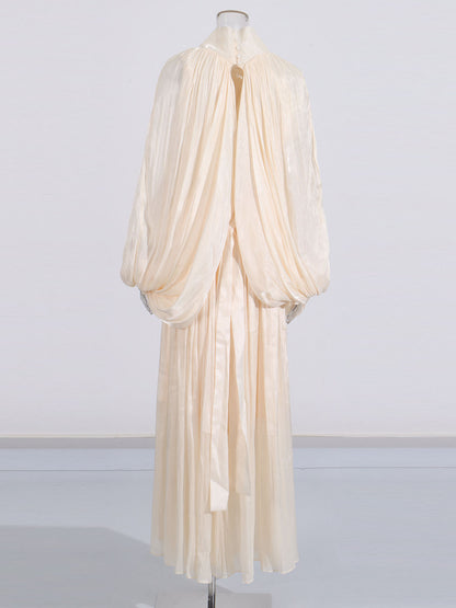 Apricot Puff Sleeve Tie Neck Maxi Dress