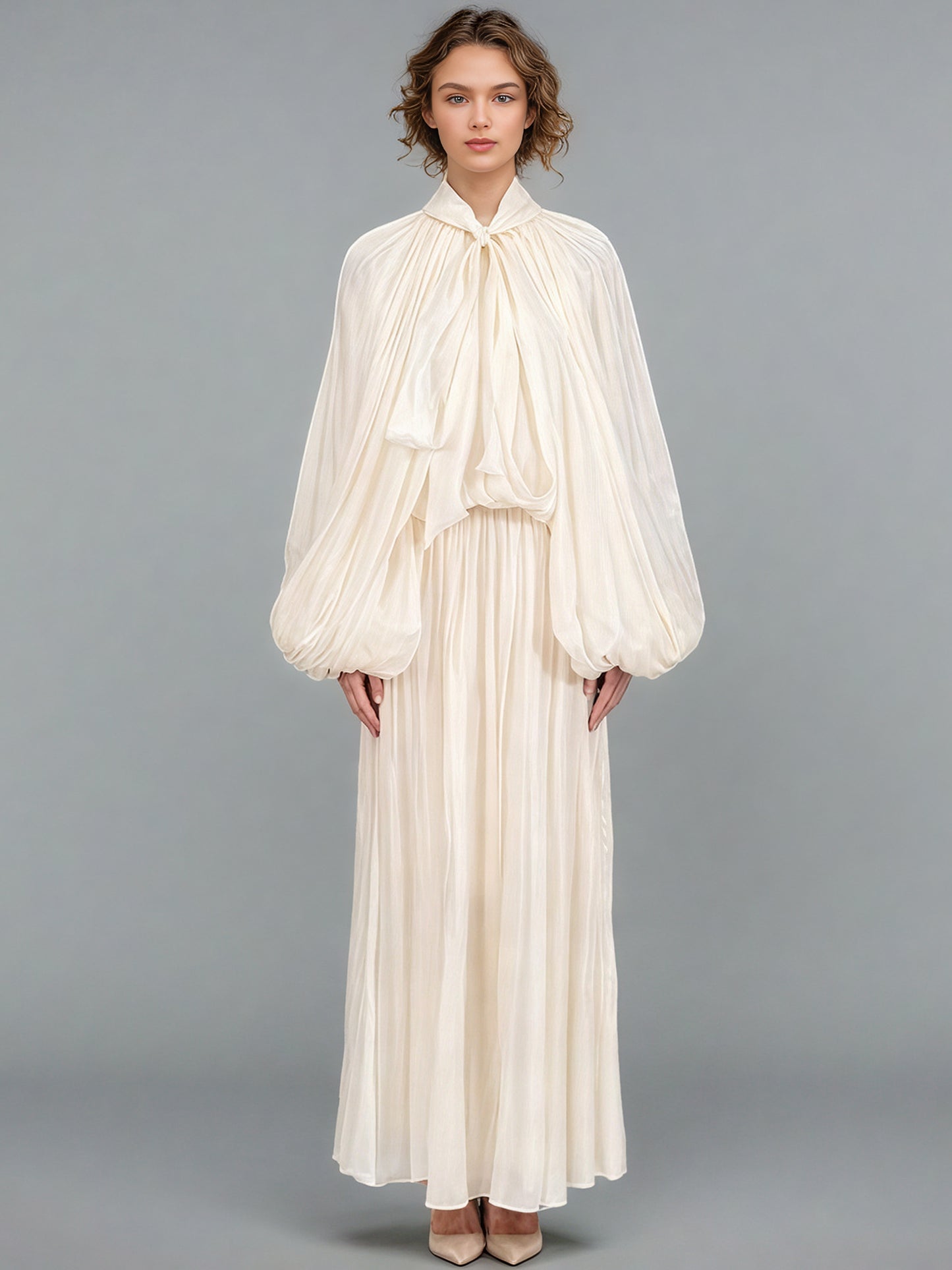 Apricot Puff Sleeve Tie Neck Maxi Dress